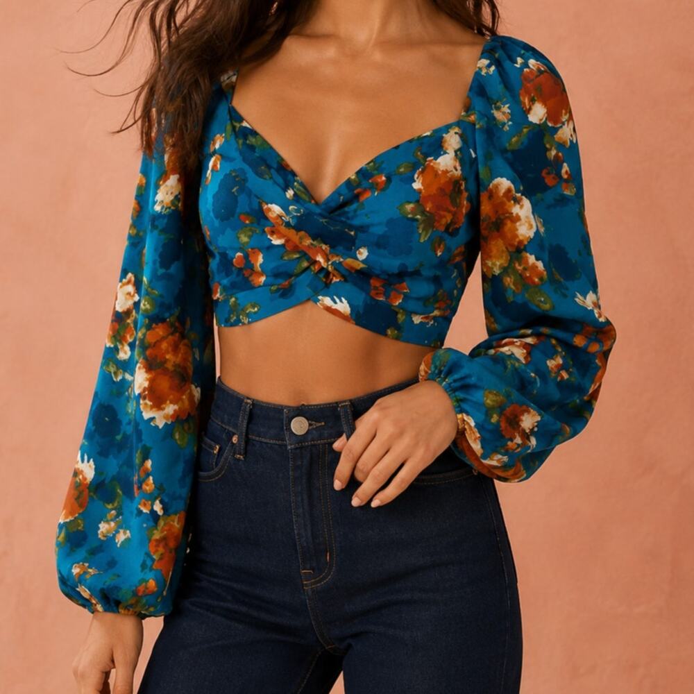 Band of Gypsies Teal Floral Ruched Puff Sleeve Crop Top Large Boho Romantic